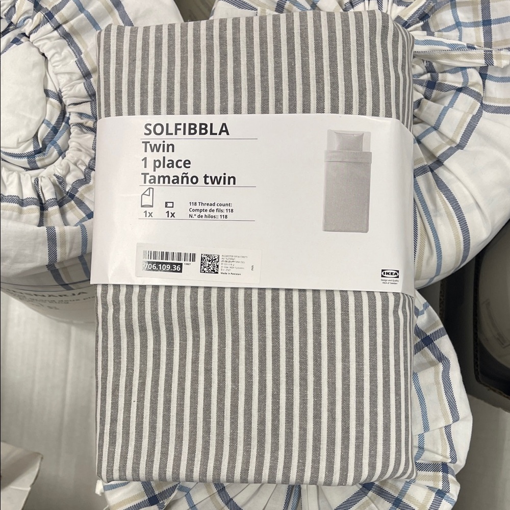 IKEA SOLFIBBLA Twin Bedding Set with Gray and White Stripes